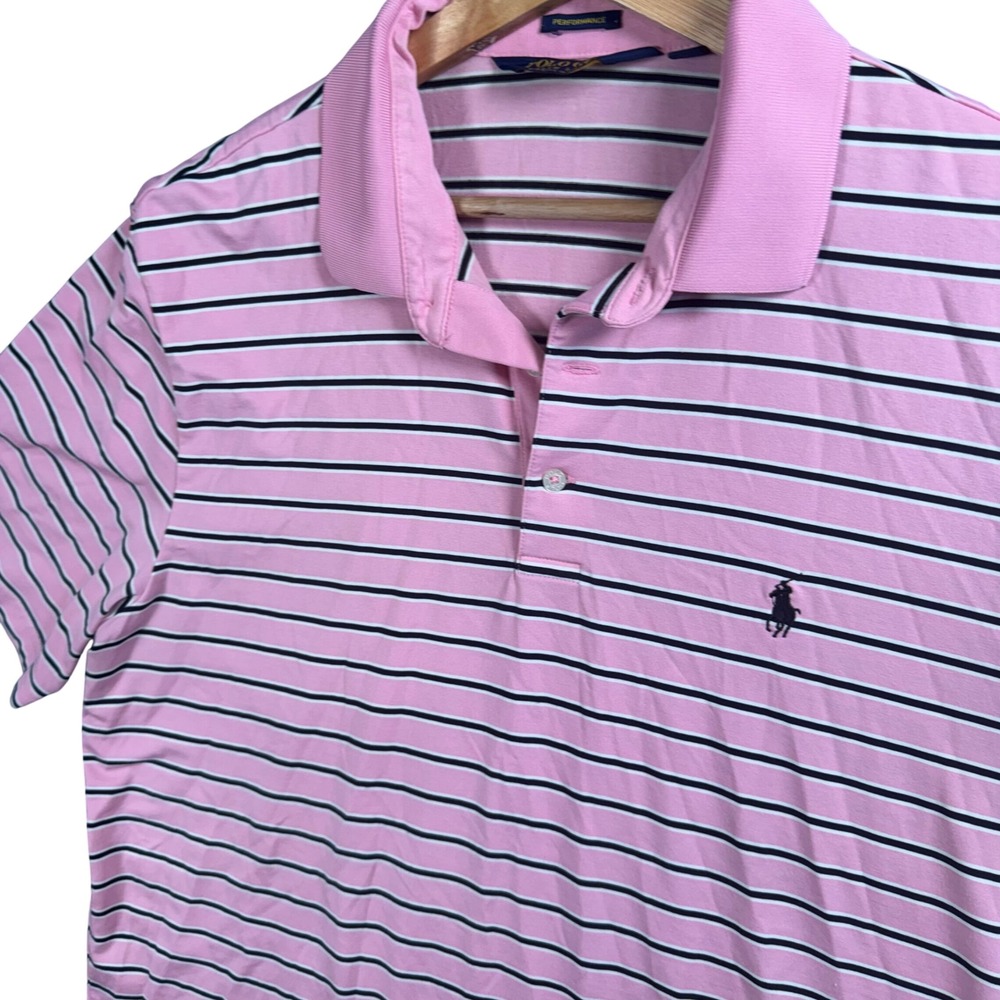 Polo Golf Ralph Lauren Polo Shirt‎ Mens L Pink Black Striped Performance Preppy